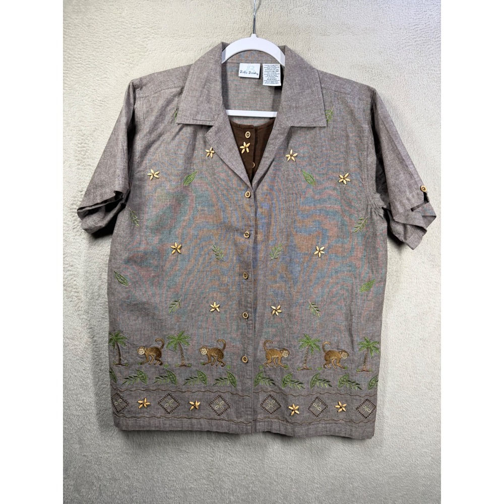 Bobbie Brooks Shirt Womens L Brown Embroidered Monkey Safari Layered Top